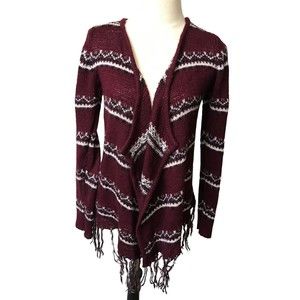 Jason Maxwell Women's Open Cardigan Burgundy Boho Fair Isle Tassel Sweater S